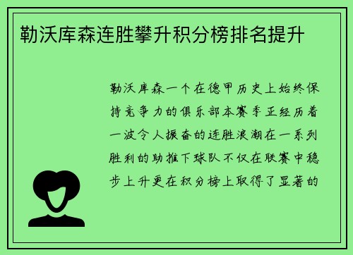 勒沃库森连胜攀升积分榜排名提升