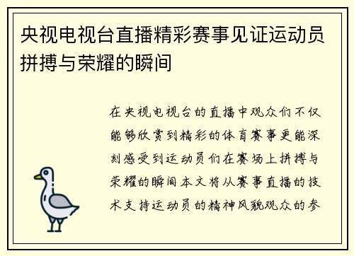 央视电视台直播精彩赛事见证运动员拼搏与荣耀的瞬间