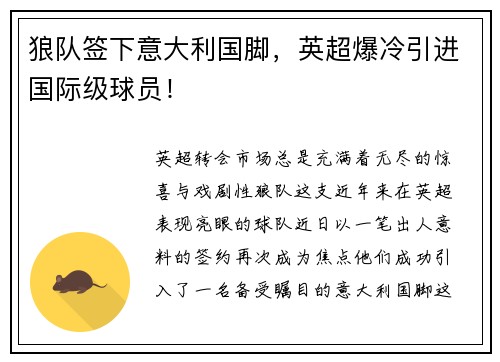 狼队签下意大利国脚，英超爆冷引进国际级球员！