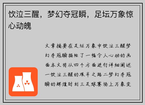 饮泣三醒，梦幻夺冠瞬，足坛万象惊心动魄